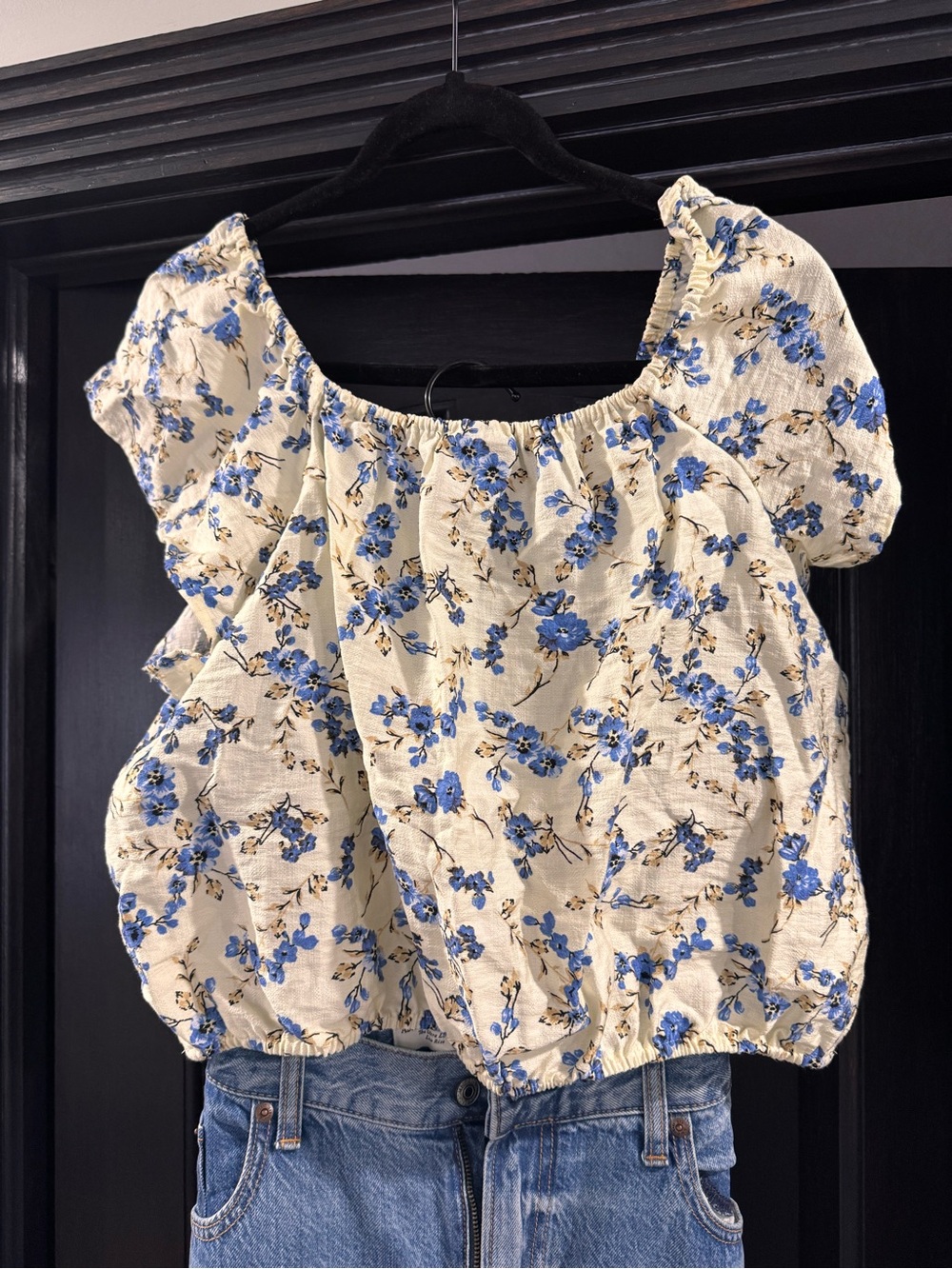 Smocked Hem Blue Floral Puff Sleeve Top - Women